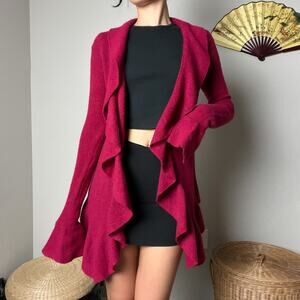 vintage 90s y2k hot pink cashmere ruffle waterfall open front cardigan sweater